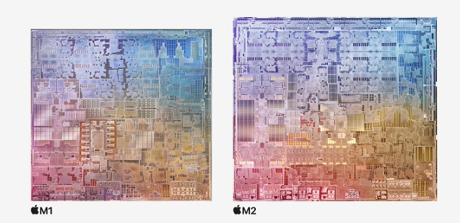 図1 最新のM2チップ() 昨Q発表のM1(左)よりも{Jjきいがトランジスタ数は25%も\えている 出Z:Apple