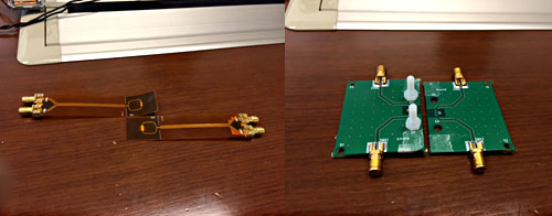 図1 クロストークをWした電磁cT合コネクタ 左はフレキシブルv路基を_ね、はプラスチックのネジでw定する。T合伝送路は4mm長