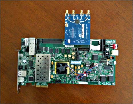 図3　ADIのRFトランシーバ開発キットのFMCカード(�Eいボード)とFPGA（ファンの下）プログラムボード（�u色のマザーボード）